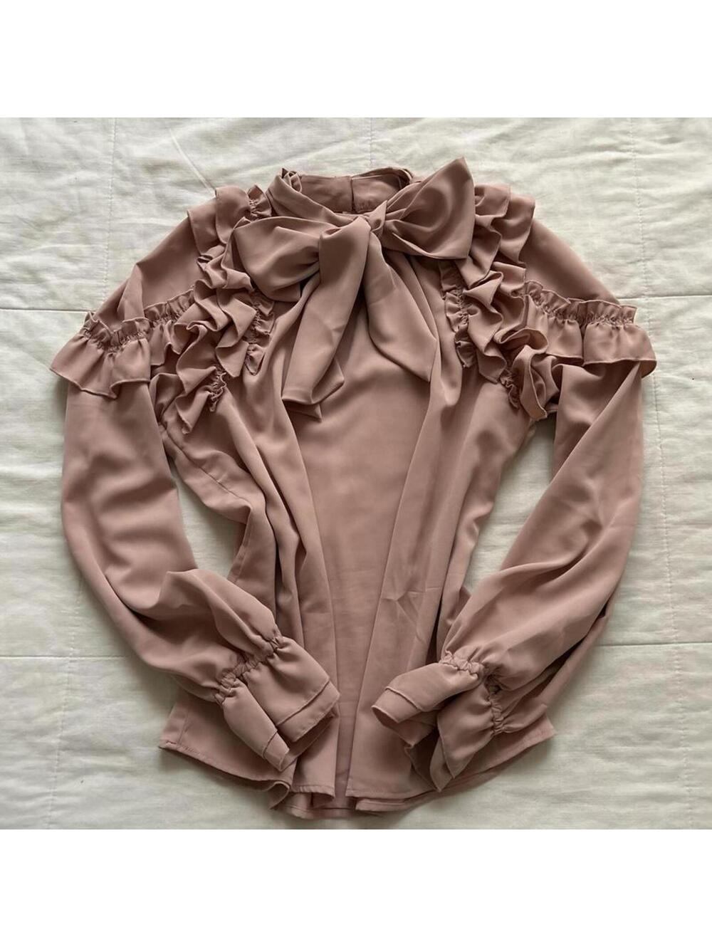 Axes Femme dusty rose Pink Ruffle Bow Neck Blouse Coquette Medium